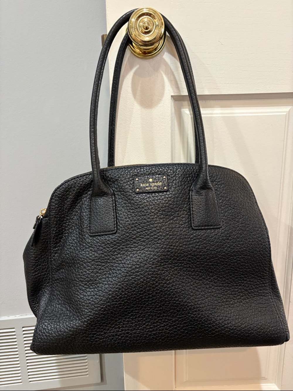 kate spade Black Pebbled Leather Dome Satchel with Gold Hardware